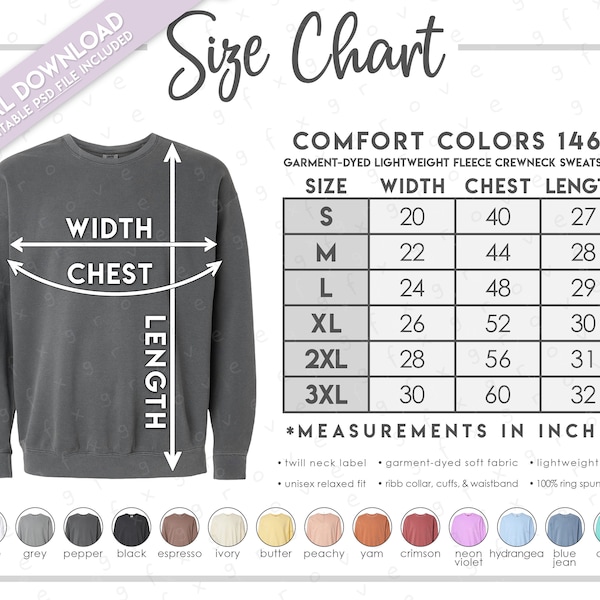 Semi-Editable Comfort Colors 1466 Size + Color Chart • Comfort Colors Garment Dyed Lightweight Crewneck Sweatshirt • 1466CC Size Chart •