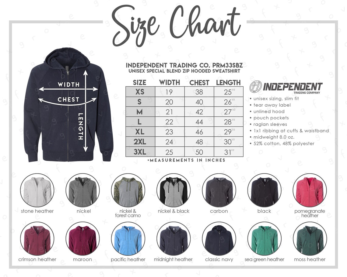 Independent Trading Co. PRM33SBZ Size Color Chart 14 | Etsy