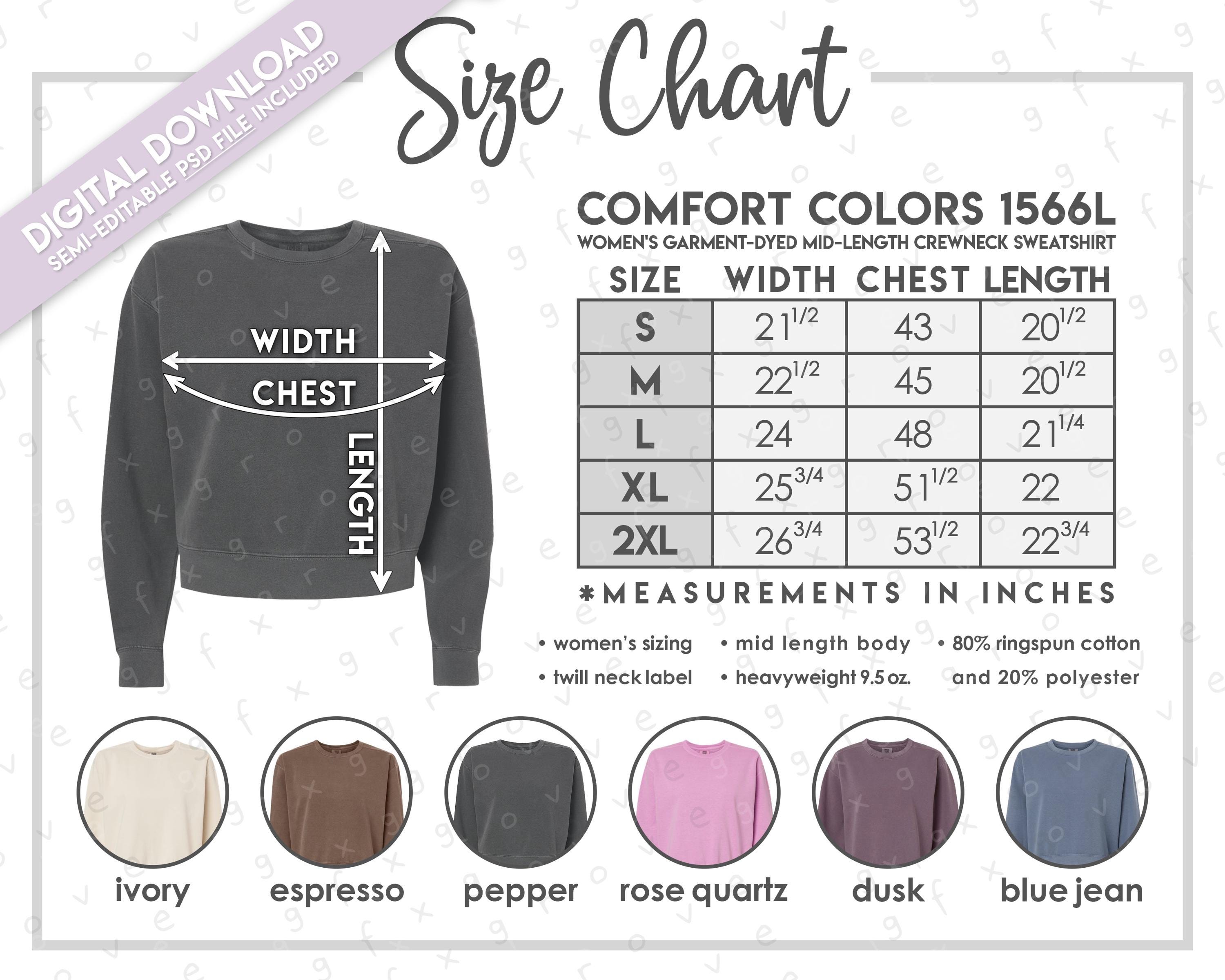 Semi-editable Comfort Colors 1566L Size + Color Chart • Comfort