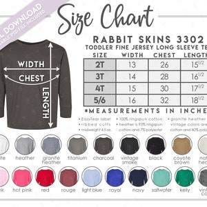 Semi-Editable Rabbit Skins 3302 Size + Color Chart • Rabbit Skins Toddler Long Sleeve Tee Size Chart • 3302 Color Chart • RS3302