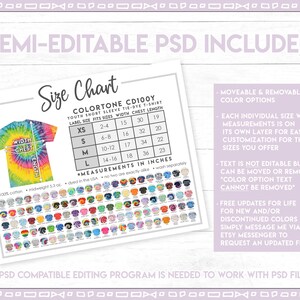 May include: A size chart for youth short sleeve tie-dye t-shirts. The chart shows the label size, fits sizes, width, chest, and length in inches. The chart also includes a colour chart with a variety of tie-dye colours. The text "Semi-Editable PSD Included" is at the top of the chart.