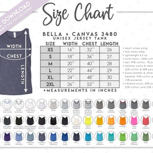 Tabla de tallas y colores Bella + Canvas 3480 semieditable • Tabla de tallas de camisetas sin mangas Bella Canvas • Tabla de colores de camisetas sin mangas Bella Canvas • BC3480