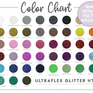UltraFlex Glitter HTV Color Chart • 43 Colors • Semi-Editable PSD • UltraFlex Glitter Vinyl Color Chart • Ultra Flex Color Chart