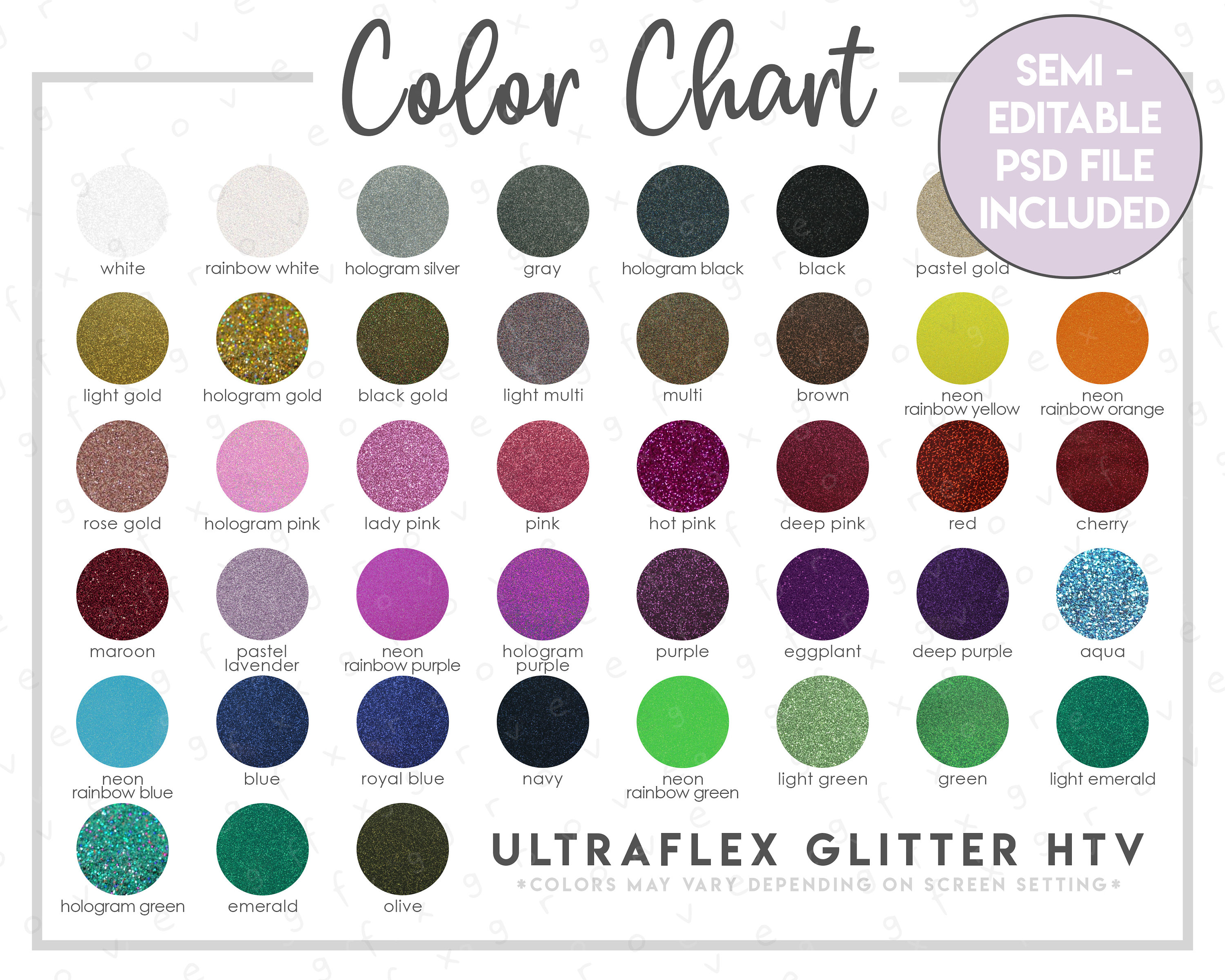 Siser Glitter HTV Color Chart 57 COLORS Semi-editable PSD Siser