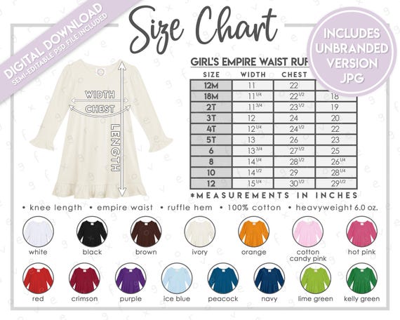 cotton on dress size chart Semi-editable Blanks Boutique Girl's Long Sleeve Empire Waist Ruffle Dress  Size + Color Chart • Blanks Boutique Ruffle Dress Size Chart