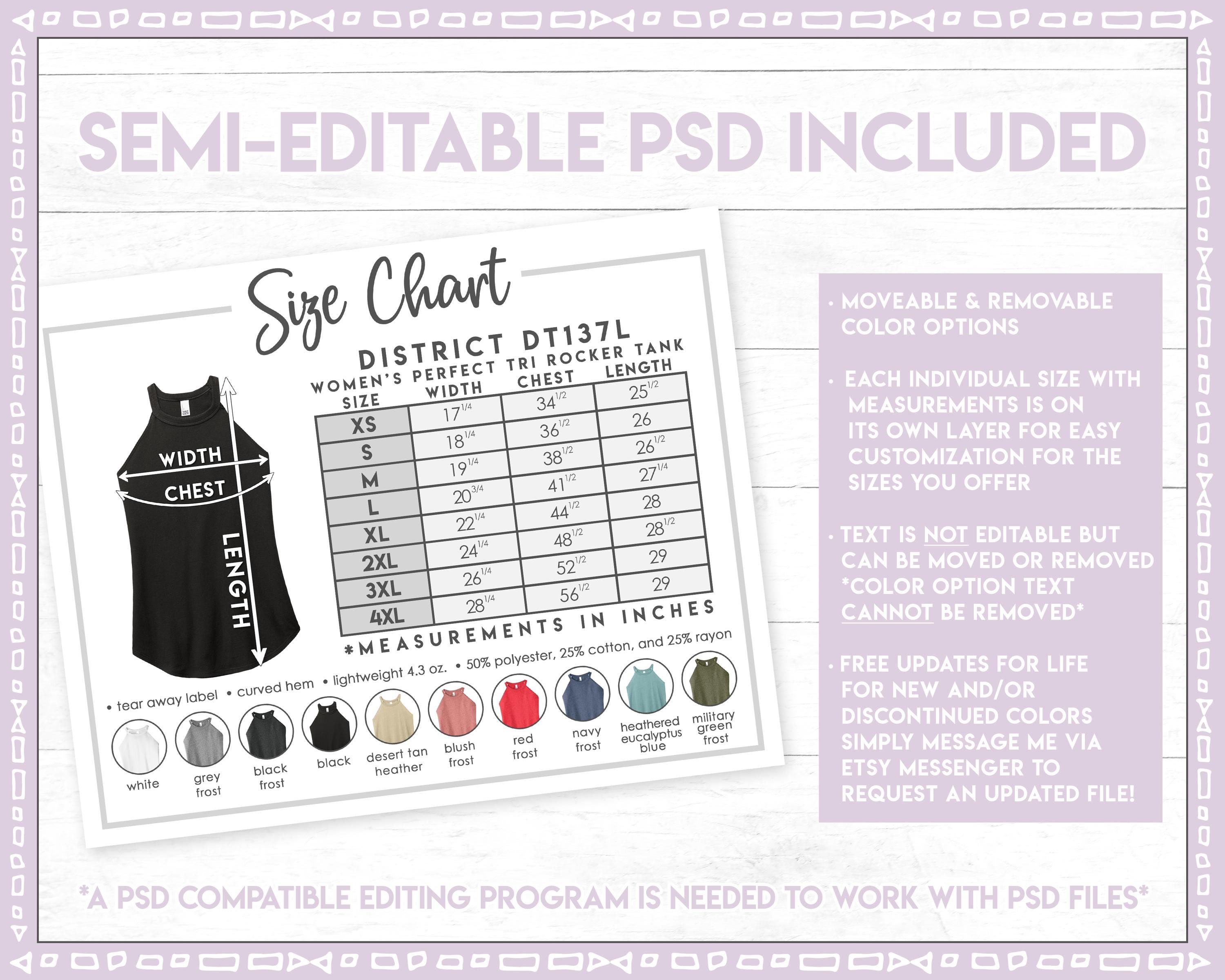 Semi-editable District DT137L Size + Color Chart • District