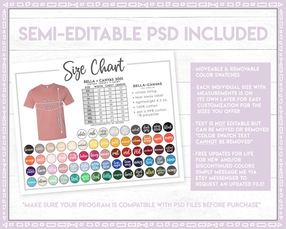 Download Semi Editable Bella Canvas 3001 Size Color Chart 65 Etsy