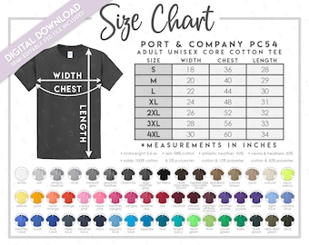 Semi-Editable Port & Company PC54 Size + Color Chart • Port and Company Core Cotton Tee Size Chart • PC54 Size Chart • PC 54