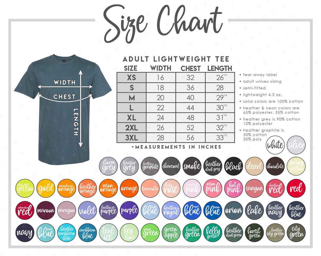 980 Size Color Chart 54 COLORS 980 Short Sleeve T-shirt Size Chart 980 ...