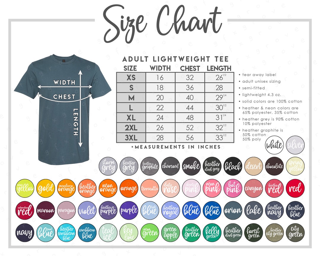 980 Size + Color Chart • 54 COLORS • 980 Short Sleeve T-shirt Size ...