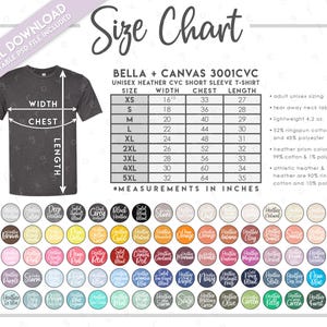 Tabla de tallas y colores Bella + Canvas 3001CVC semieditable • Tabla de tallas de camisetas Bella Canvas • Tabla de colores • Colores jaspeados Bella Canvas 3001