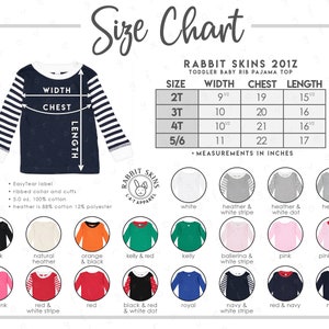 Rabbit Skins 201Z Size + Color Chart • 20 COLORS • Rabbit Skins Toddler Pajama Top Size Chart • Rabbit Skins Toddler Pajama Top Color Chart