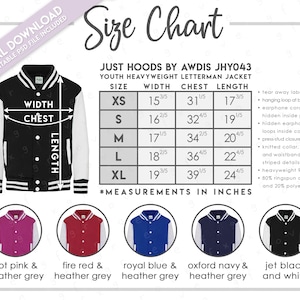 May include: Size chart for youth heavyweight letterman jackets in sizes XS to XL. The chart shows width, chest, and length measurements in inches. The jackets are available in five colors: hot pink and heather grey, fire red and heather grey, royal blue and heather grey, oxford navy and heather grey, and jet black and white.