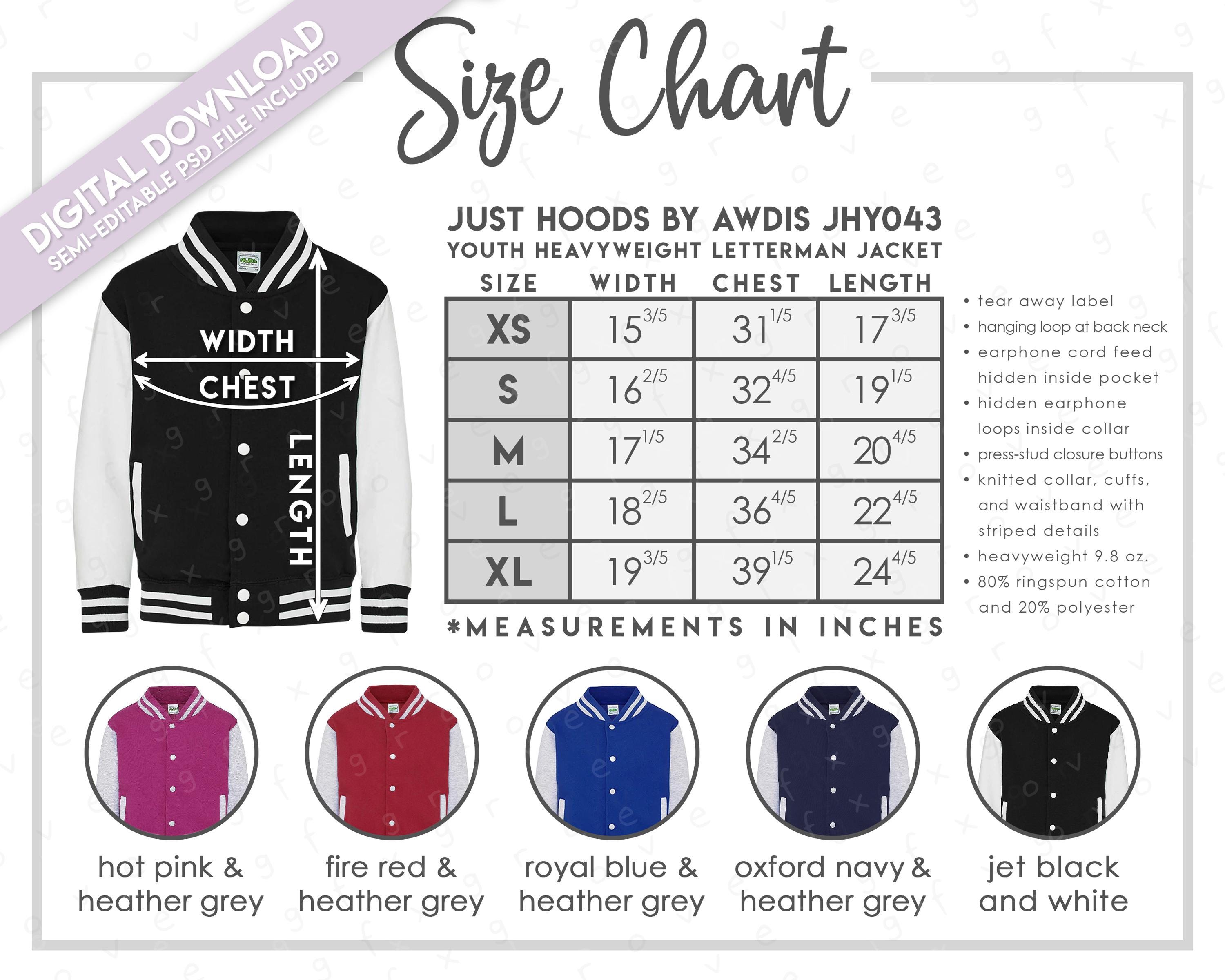 Semi-editable Just Hoods by Awdis JHY043 Size + Color Chart