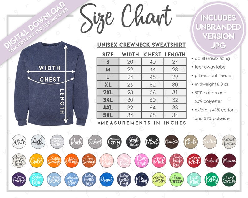 Jerzees 562MR Semi-Editable Taille Nuancier Jerzees Nublend Sweatshirt Size Chart Jerzees Sweatshirt Color Chart Jerzees 562 MR image 2