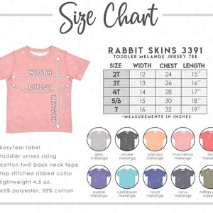 Rabbit Skins 3391 Size + Color Chart • 10 COLORS • Rabbit Skins Toddler Melange Jersey Tee Size Chart • RS3391
