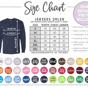 Tabla de tallas y colores de Jerzees 29LSR semieditable • Tabla de tallas de camisetas de manga larga Jerzees Dri Power • Tabla de colores de Jerzees 29LSR