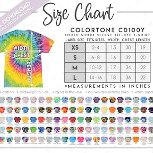 May include: Size chart for youth short sleeve tie-dye t-shirts. The chart shows label size, fits sizes, width, chest, and length in inches. The chart is labelled ColorTone CD100Y. The image also shows a tie-dye t-shirt with measurements labelled.