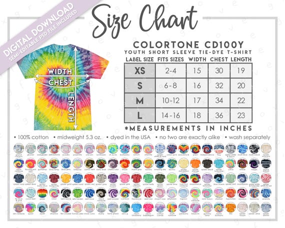 Semi-Editable Colortone CD100Y Size + Color Chart • Youth Unisex Tie-Dye T-Shirt Size Chart • Colortone 1000Y Size Chart • CD 100Y