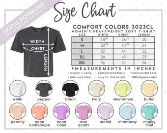 Tabla de tallas y colores semieditable Comfort Colors 3023CL • Camiseta de mujer Comfort Colors de tejido grueso y corte holgado • Tabla de colores 3023CL • CC3023CL