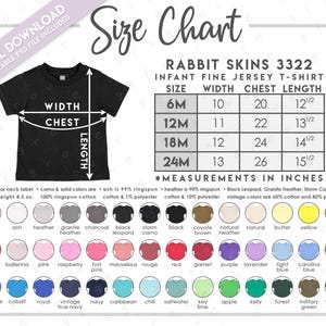 Semi-Editable Rabbit Skins 3322 Size + Color Chart • Rabbit Skins Infant T-Shirt Size Chart • Rabbit Skins Baby T-Shirt Color Chart • RS3322