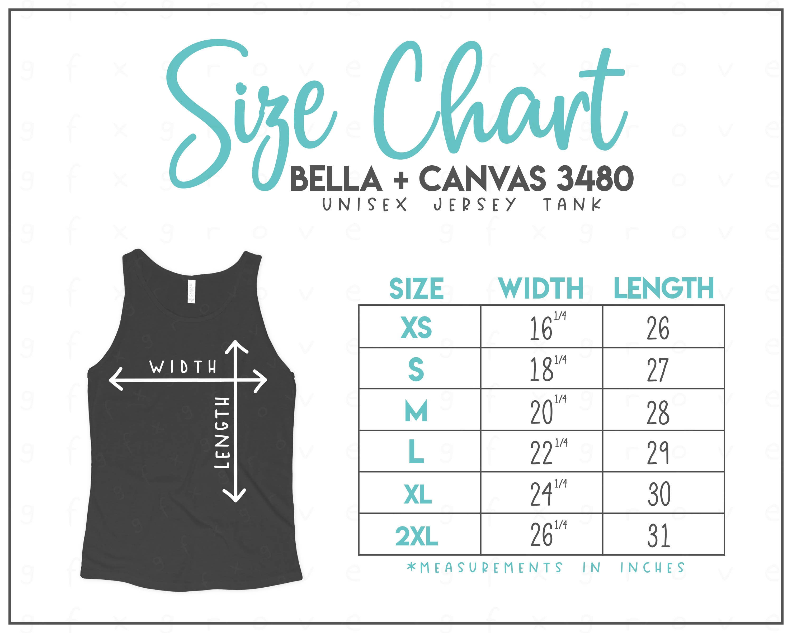 Bella + Canvas 3480 Size Chart - Bella Canvas Unisex Jersey Tank Size Chart  - Bella Canvas B3480 - Bella and Canvas Tank Top Size Chart
