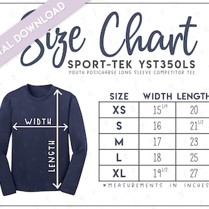 Sport-Tek YST350LS Size Chart • Sport-Tek Youth Posicharge Long Sleeve Competitor Tee • Sport Tek Youth T-Shirt • Sport Tek YST350LS