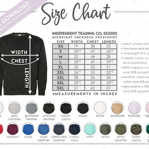 Tabla de tallas y colores semieditable de Independent Trading Company SS3000 • Sudadera de cuello redondo de peso medio de Independent Trading Co. • ITC SS3000