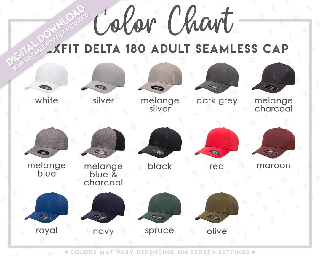 Tabela de cores semi-editável para bonés Flexfit Delta 180 para adultos ...