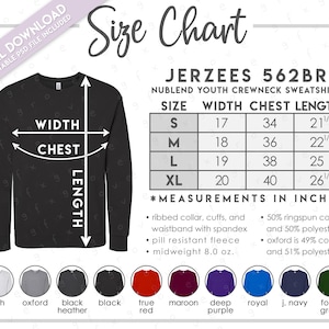 Semi-Editable Jerzees 562BR Size + Color Chart • Jerzees Youth Nublend Crewneck Sweatshirt Size Chart • Jerzees 562BR Color Chart