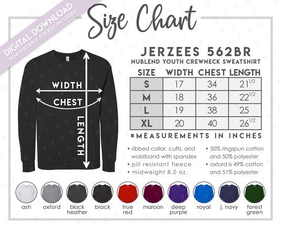 Semi-editable Jerzees 562BR Size + Color Chart • Jerzees Youth