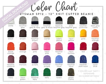 Semi-Editable Sportsman SP12 Adult Knit Cuffed Beanie Color Chart • Adult Beanie Color Chart • Sportsman Headwear Beanie Colors • PSD