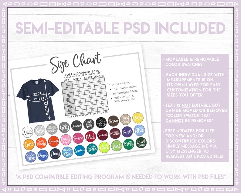 Semieditable Port & Company PC55 Size Color Chart Adult Etsy