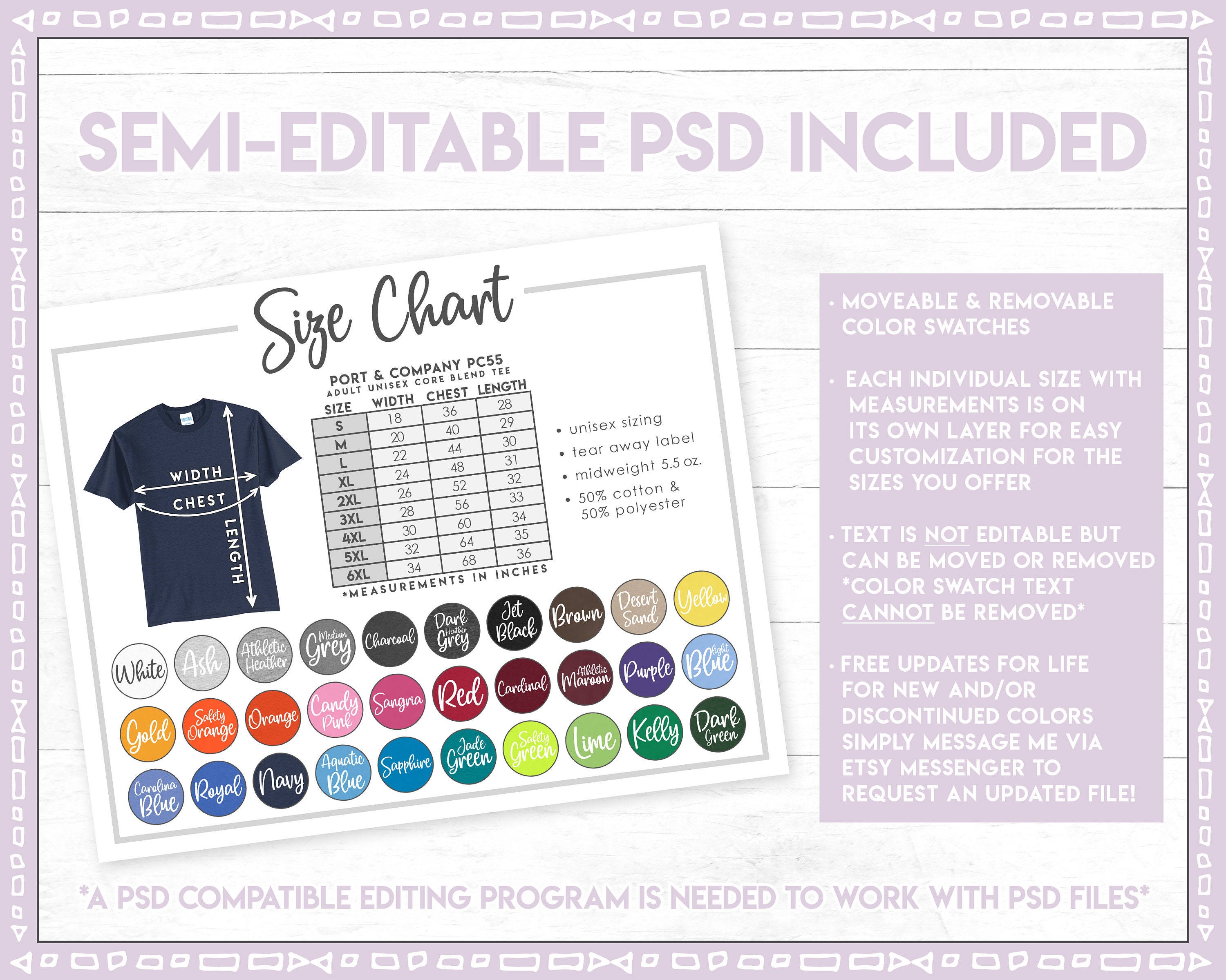 Semi editable Port Company PC55 Size Color Chart Adult Unisex