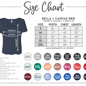 Bella + Canvas 8815 Tabla de tallas y colores • 21 COLORES • Bella Canvas - Camiseta holgada con cuello en V para mujer Tabla de tallas • Tabla de colores 8815 • BC8815