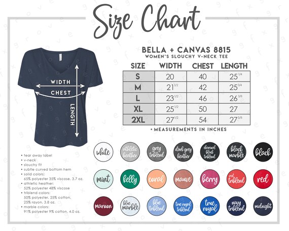 Bella Canvas 8815 Size Color Chart 21 COLORS Bella | Etsy