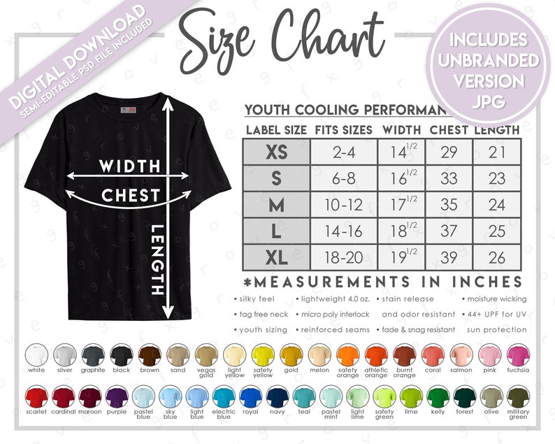 May include: Size chart for youth cooling performance t-shirts. The chart shows label size, fits sizes, width, chest, and length in inches. The chart includes a black t-shirt with measurements labeled. The chart also includes a color chart of different t-shirt colors.