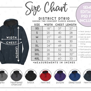 May include: Size chart for a unisex fleece hoodie with measurements in inches. The chart shows the width, chest, and length measurements for sizes XS to 4XL. The hoodie is available in eight colors: grey, heathered charcoal, black, new red, purple, deep royal, and new navy.