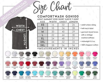 Semi-Editable ComfortWash GDH100 Size + Color Chart • Hanes ComfortWash Garment Dyed T-Shirt Size Chart • GDH 100