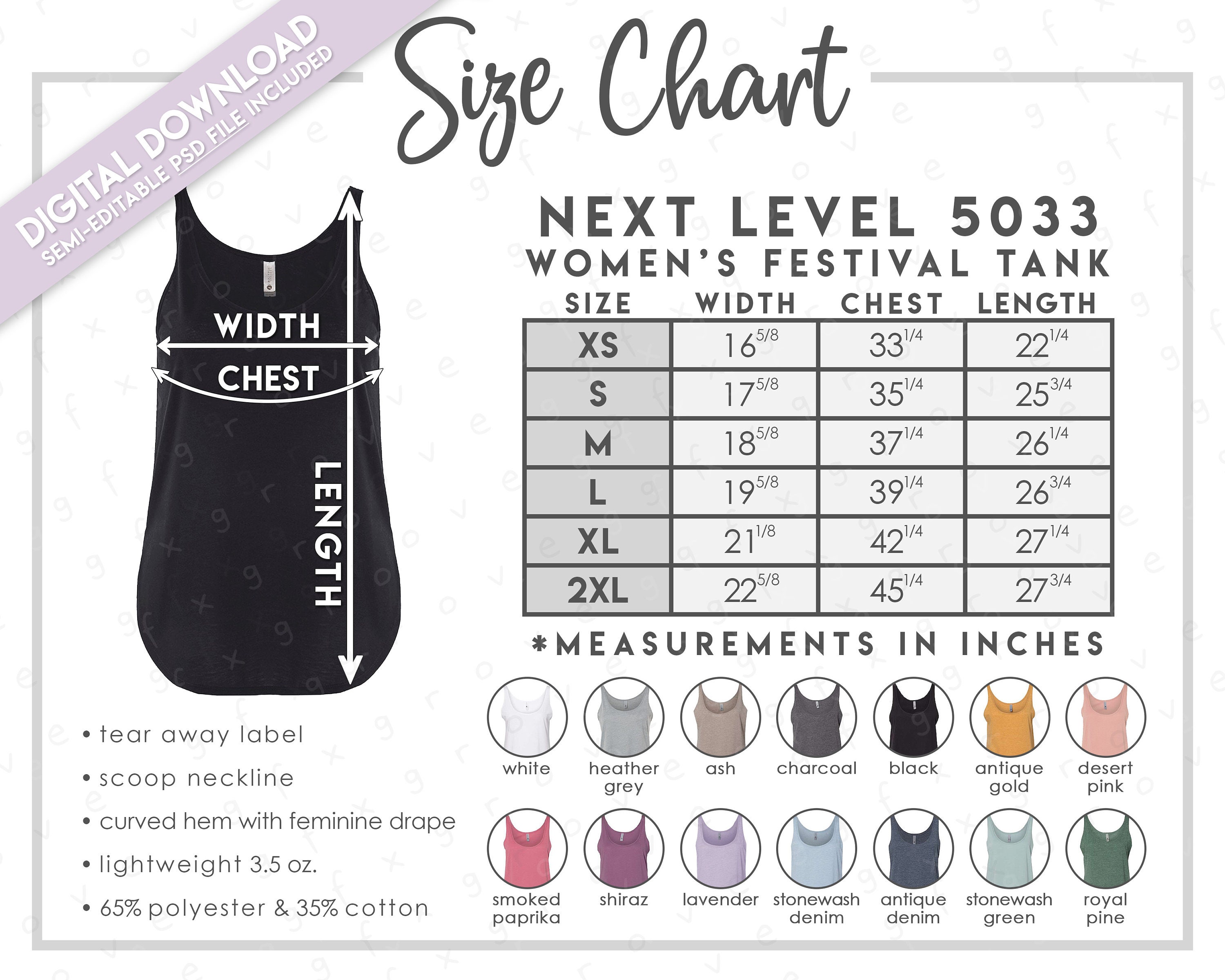 Semi-editable Next Level 5033 Size + Color Chart • Next Level