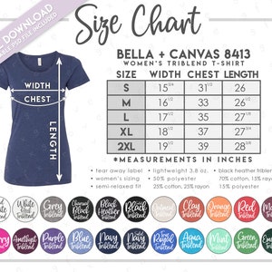 Tabla de tallas y colores Bella + Canvas 8413 semieditable • Tabla de tallas de camisetas triblend para mujer de Bella Canvas • Tabla de colores 8413 • BC8413