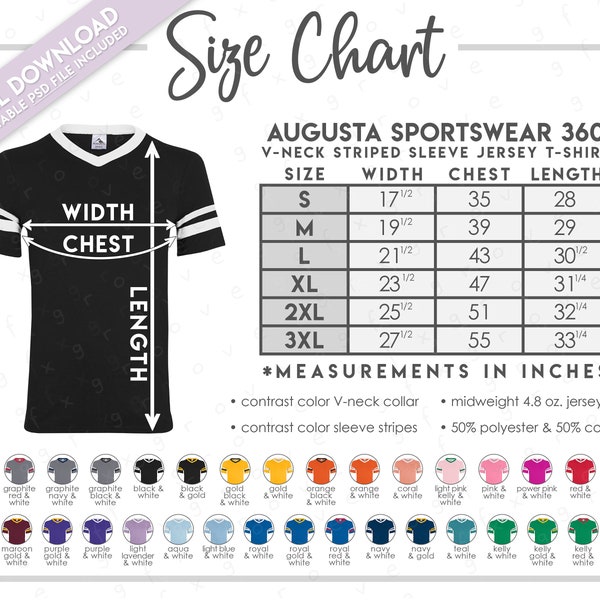 Semi-Editable Augusta Sportswear 360 Size + Color Chart • Augusta Sportswear V-Neck Striped Sleeve Jersey T-Shirt Size Chart • Augusta 360