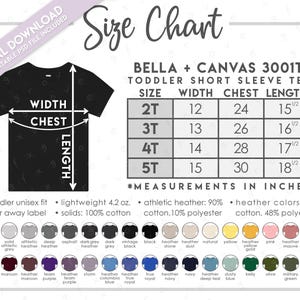 Tabla de tallas y colores semieditable Bella + Canvas 3001T • Tabla de tallas de camisetas para niños pequeños Bella Canvas • Tabla de colores de camisetas para niños pequeños Bella Canvas