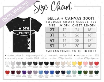 Semi-Editable Bella + Canvas 3001T Size + Color Chart • Bella Canvas Toddler T-Shirt Size Chart • Bella Canvas Toddler T-Shirt Color Chart