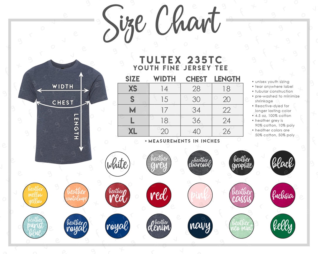 Tultex 235TC Size Color Chart 19 COLORS Tultex Youth Fine Jersey Tee ...