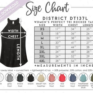 Tabla de tallas y colores semieditable de District DT137L • Tabla de tallas de la camiseta de tirantes Tri Rocker Perfect para mujer de District • Tabla de tallas de camisetas sin mangas de District