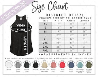 Semi-Editable District DT137L Size + Color Chart • District Women&#39;s Perfect Tri Rocker Tank Size Chart • District Tank Top Size Chart