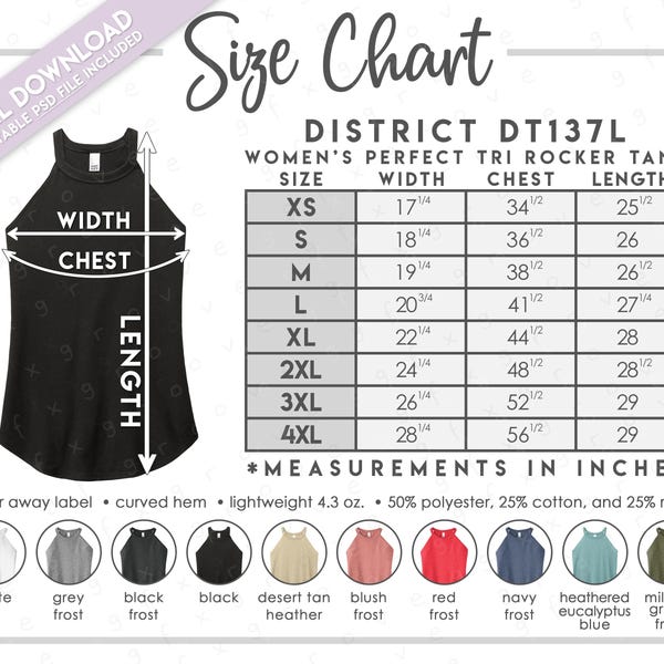 Tabla de tallas y colores semieditable de District DT137L • Tabla de tallas de la camiseta de tirantes Tri Rocker Perfect para mujer de District • Tabla de tallas de camisetas sin mangas de District