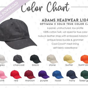 Tabla de colores semieditable para sombreros Adams LP104 • Tabla de colores de gorras Adams Optimum II Solid True Color • Colores de gorras Optimum II