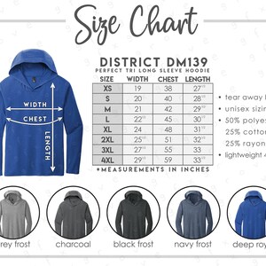 Tabla de tallas y colores de District DM139 • Tabla de tallas de sudadera con capucha de manga larga District Perfect Tri • Tabla de colores de sudadera con capucha de manga larga District
